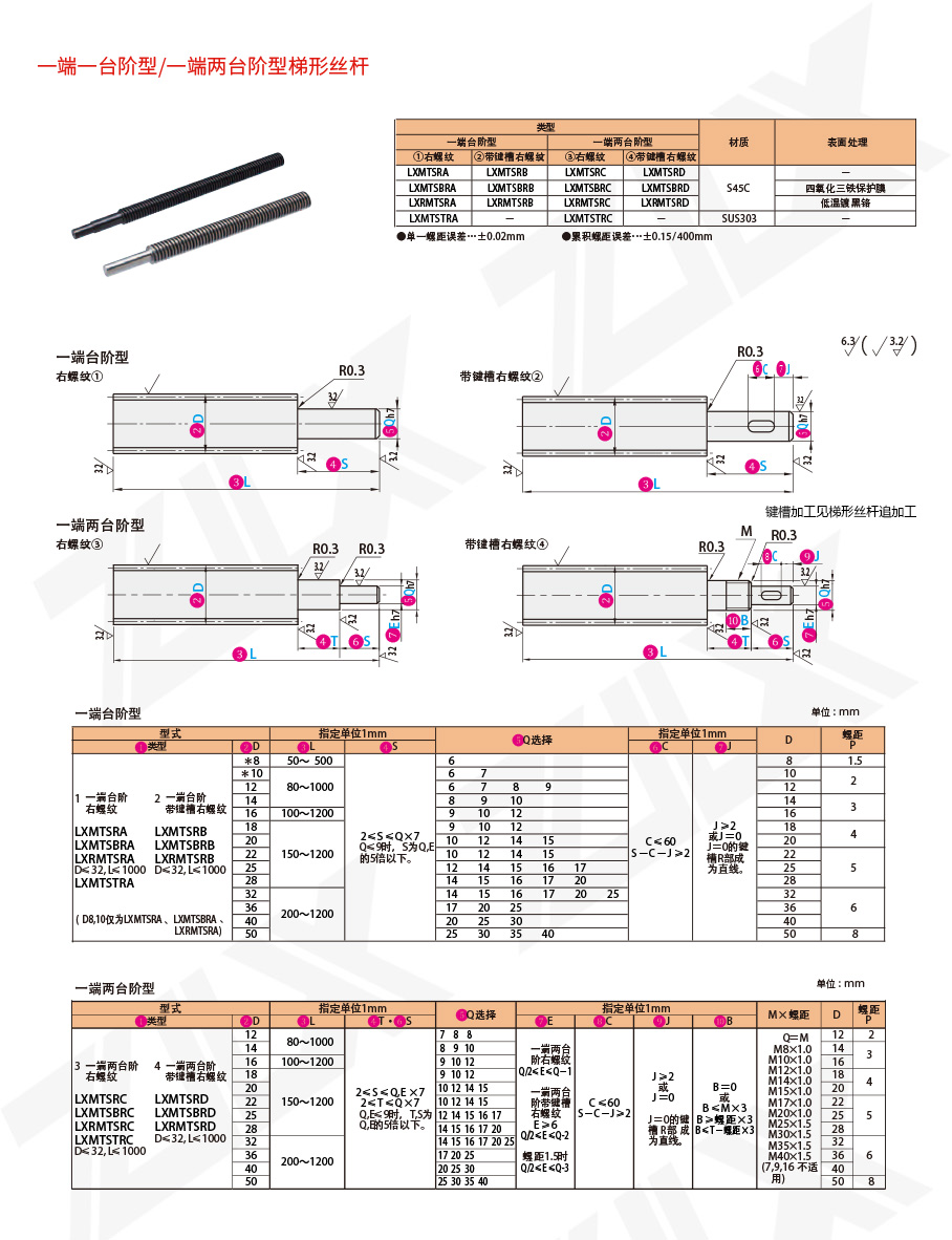 一端一臺階型/一端兩臺階型梯形絲桿